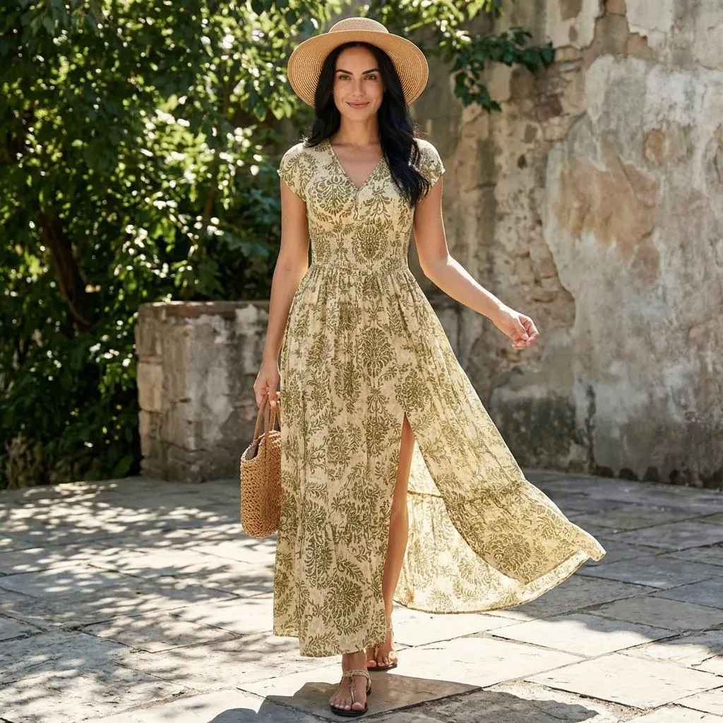 Olive Botanical Print V Neck Maxi Dress with Side Slit