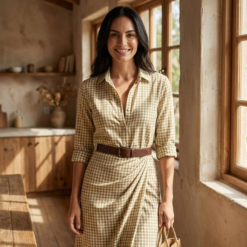 Beige Gingham Belted Maxi Shirt Dress