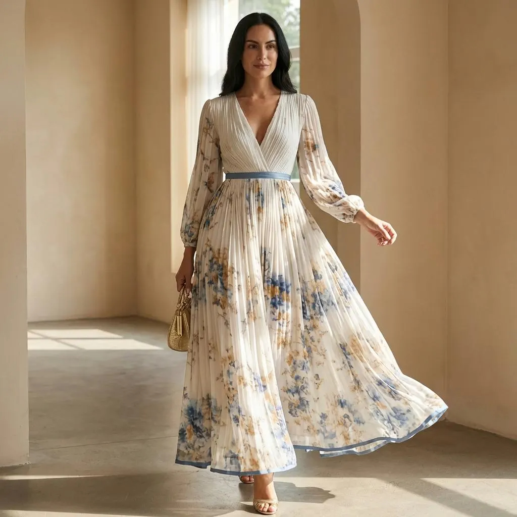 Cream Blue Floral Pleated Maxi Dress with Long Sleeves