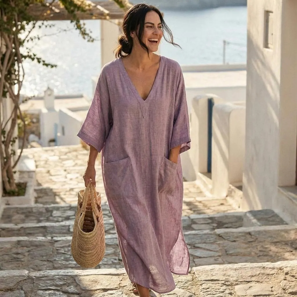 Lavender Oversized V Neck Maxi Dress with Pockets