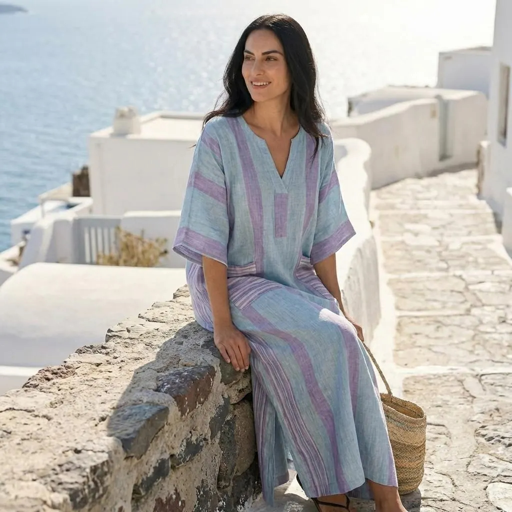 Pastel Stripe V Neck Resort Kaftan Maxi Dress