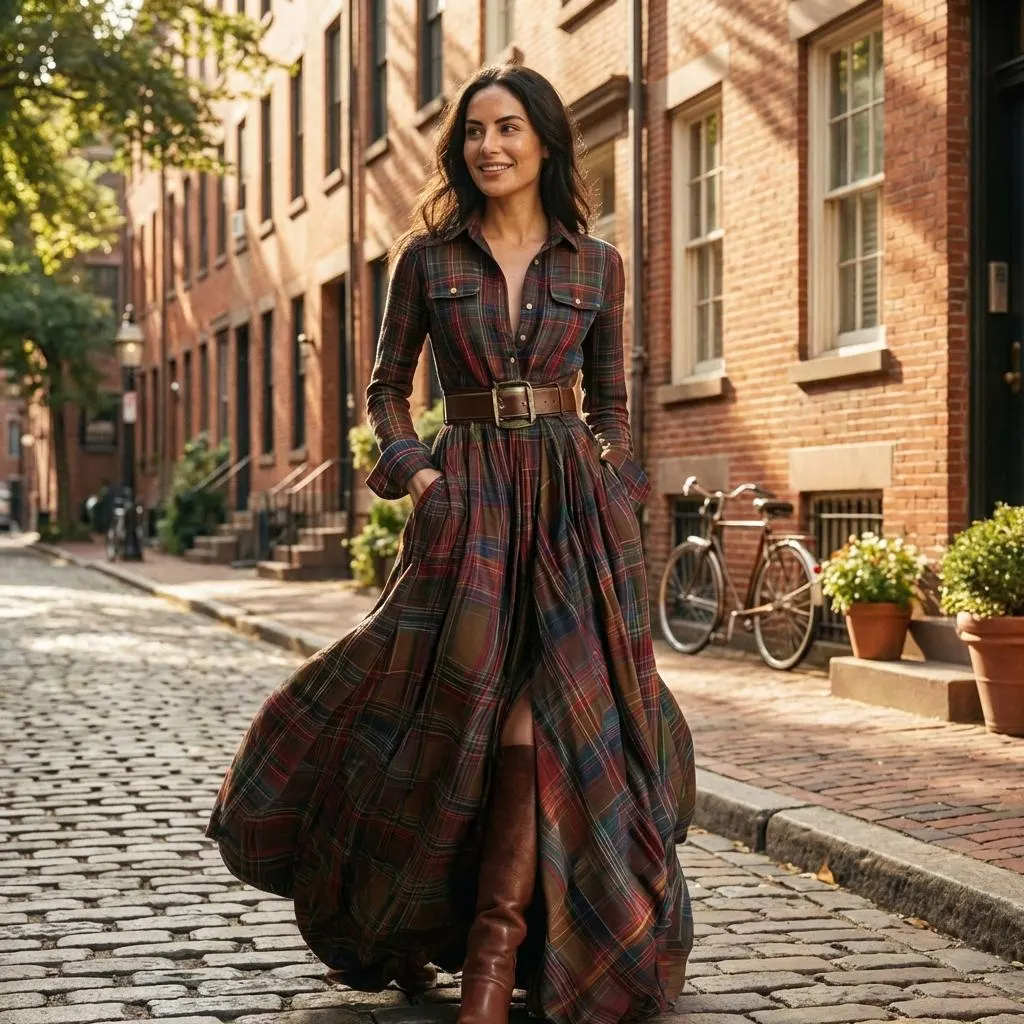 Vintage Plaid Belted Maxi Shirt Dress with Long Sleeves
