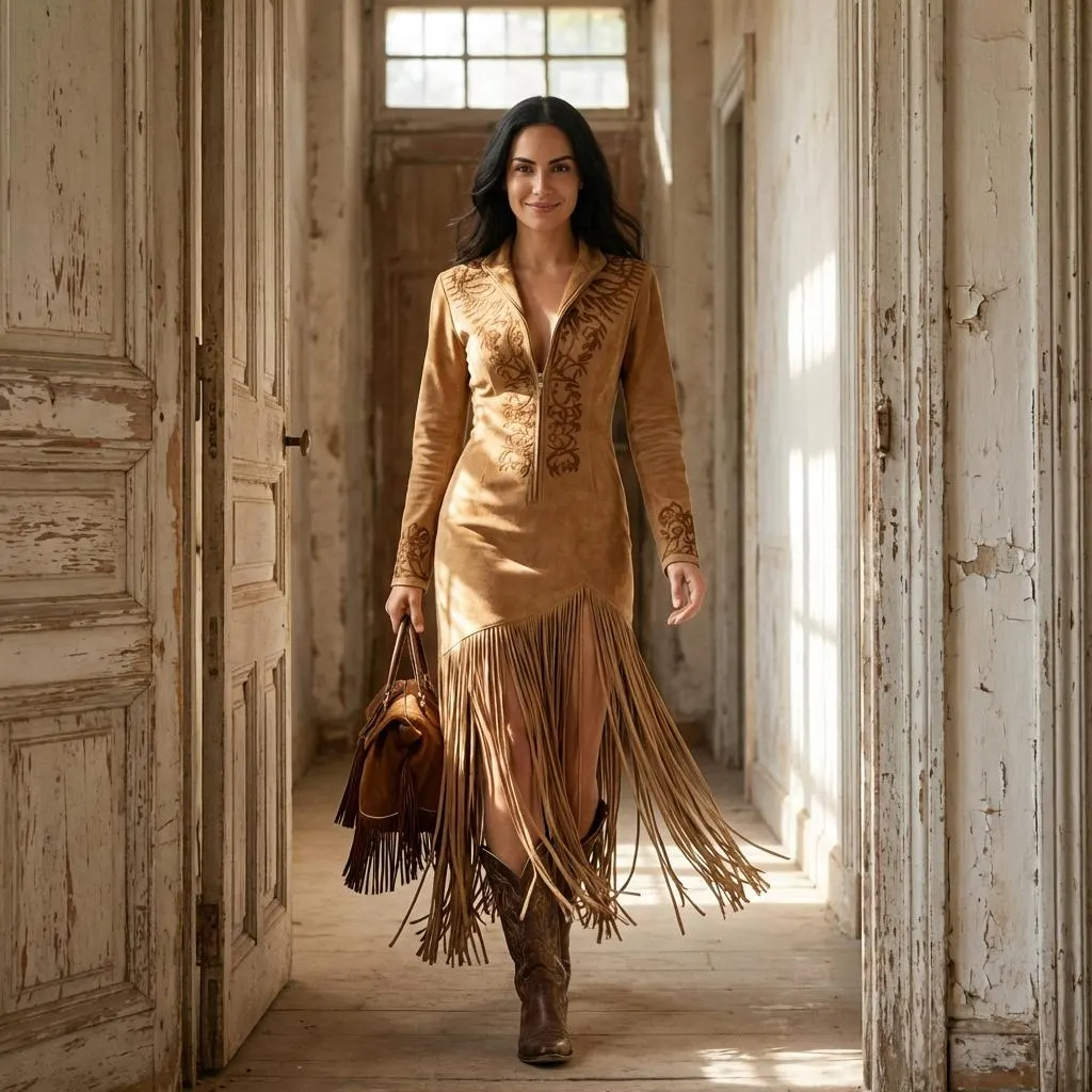 Western Fringe Embroidered Midi Dress with High Slit