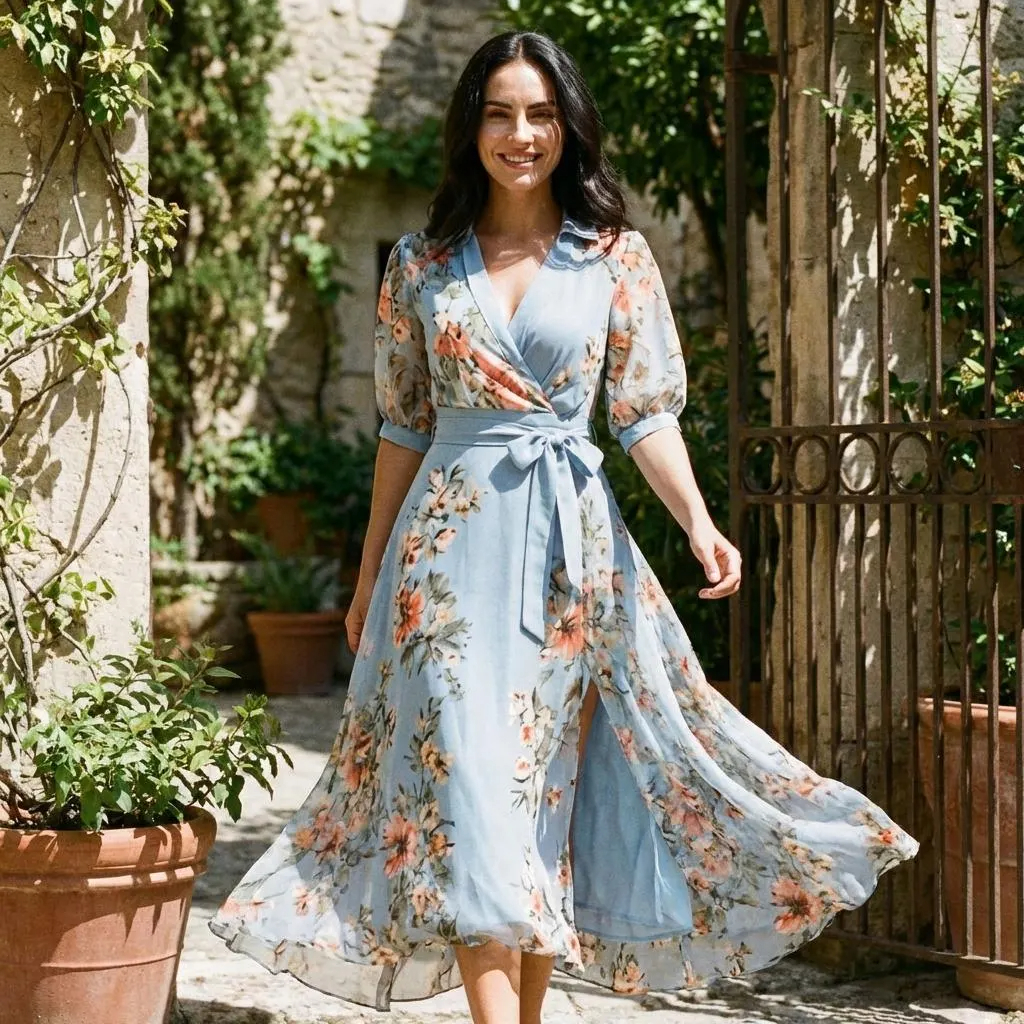 Dusty Blue Floral Wrap Maxi Dress with Puff Sleeves and Side Slit