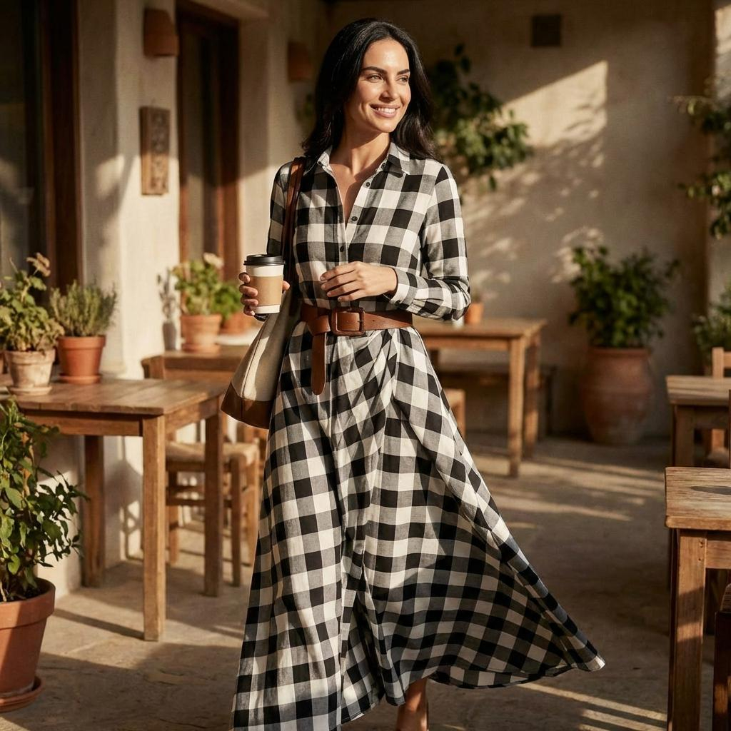 Black and Cream Buffalo Plaid Belted Maxi Shirt Dress