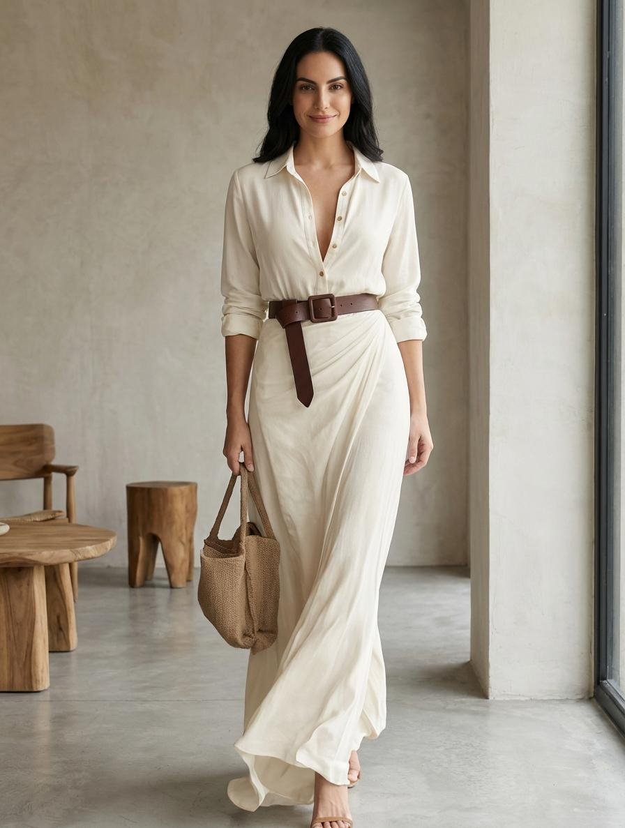 Ivory Belted Maxi Shirt Dress with Long Sleeves