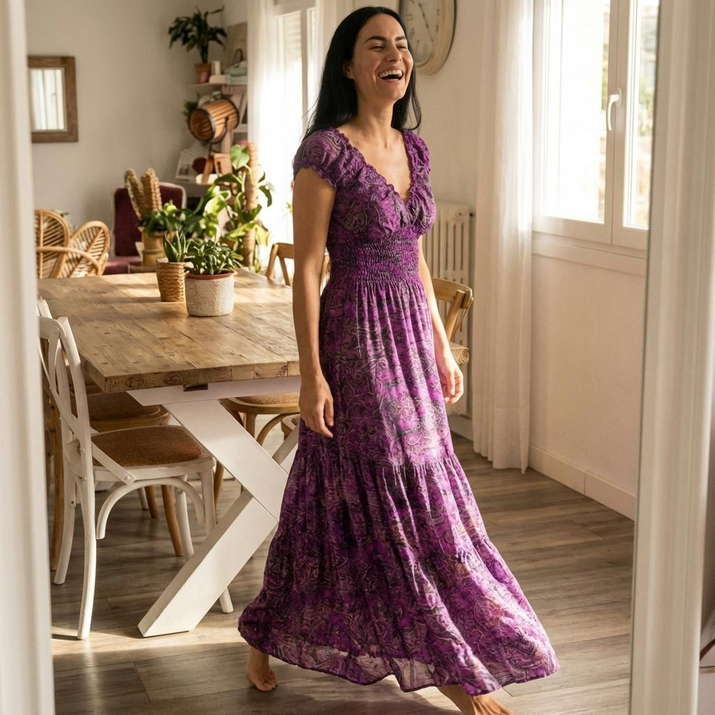 Purple Paisley Smocked Maxi Dress with Ruffle Sleeves
