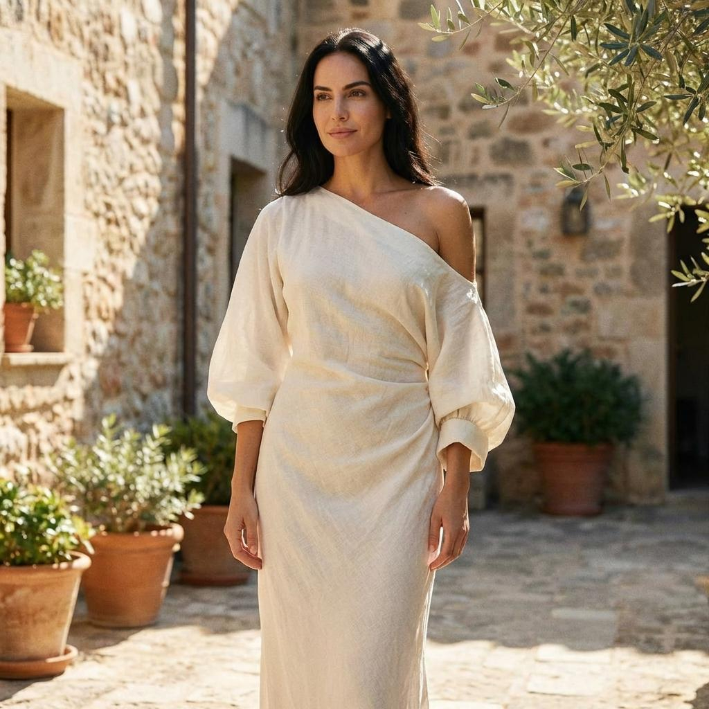 Cream One Shoulder Relaxed Maxi Dress with Soft Draped Silhouette