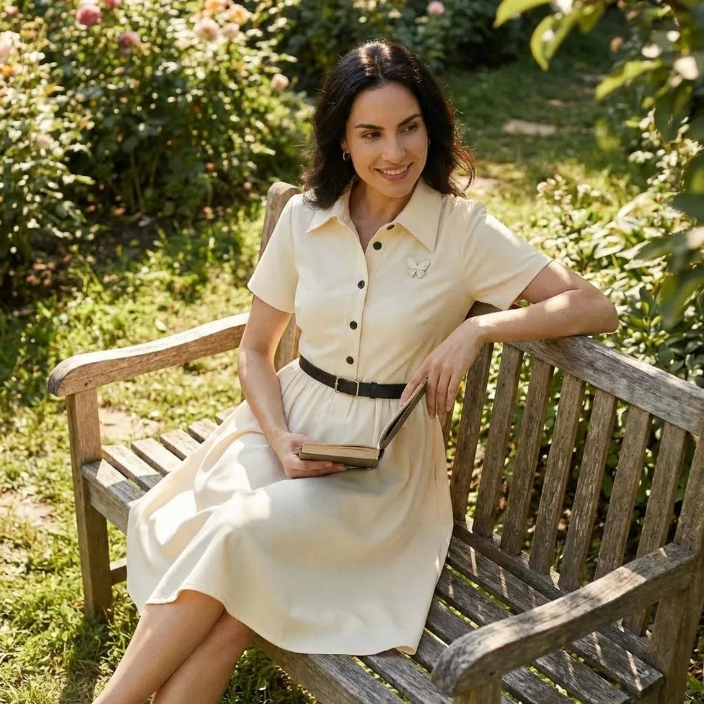 Butter Yellow Collared Button Front Midi Dress with Belt