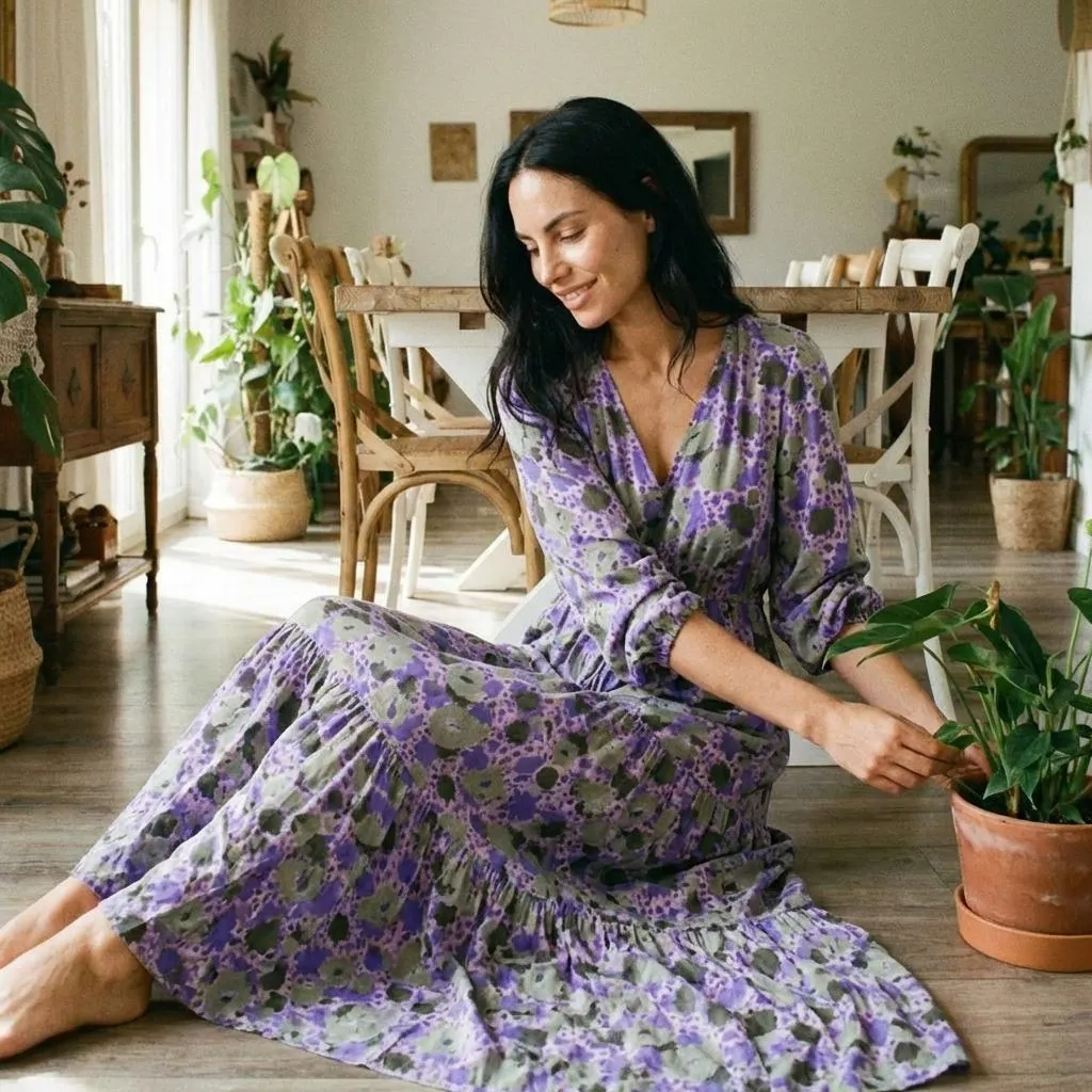 Lavender Green Floral Drawstring Waist Tiered Maxi Dress