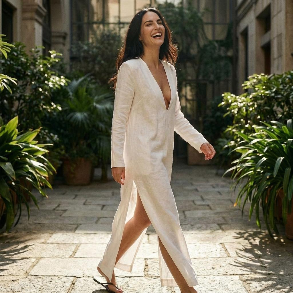 Ivory Deep V Neck Maxi Dress with Side Slit