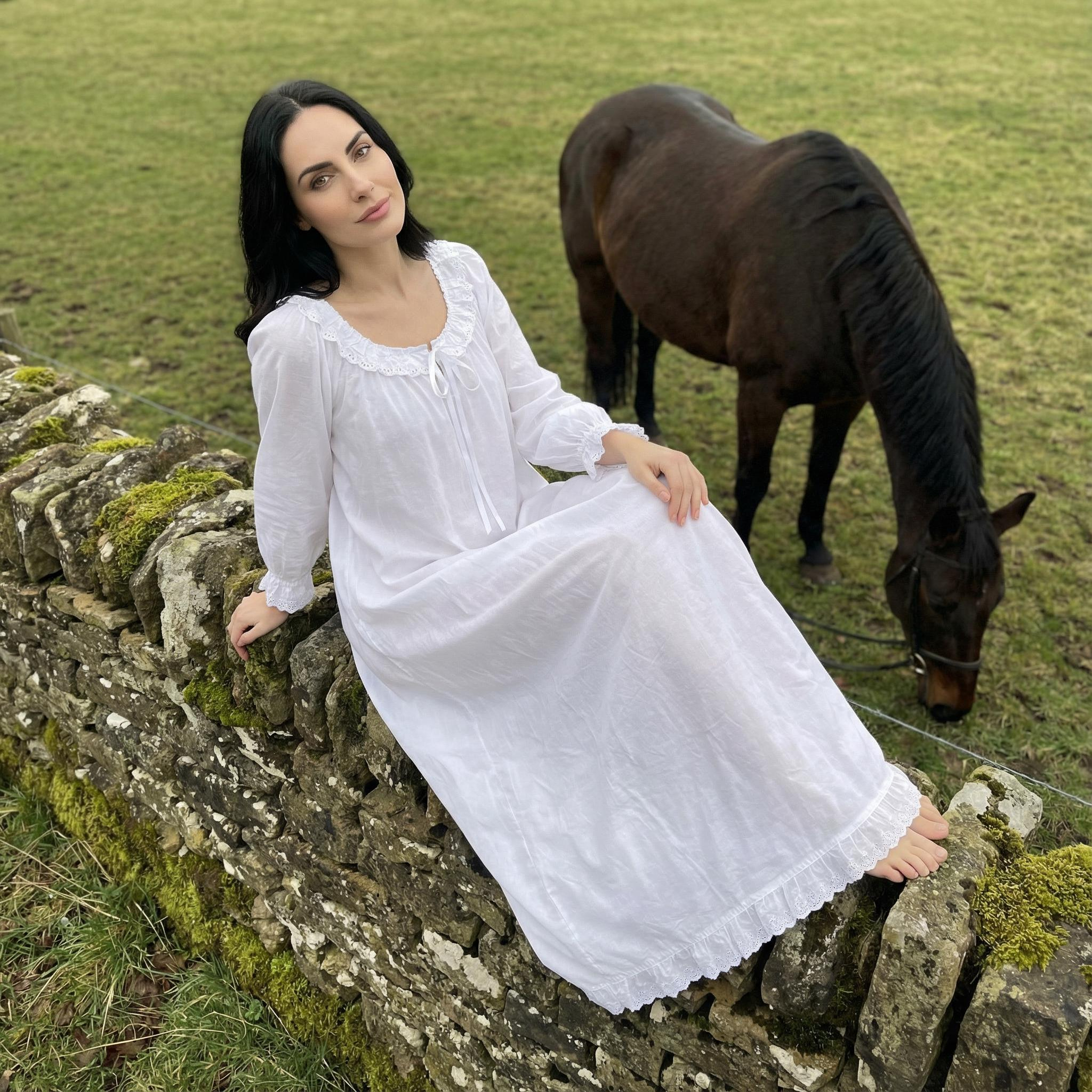 White Vintage Inspired Ruffle Trim Maxi Nightgown Dress