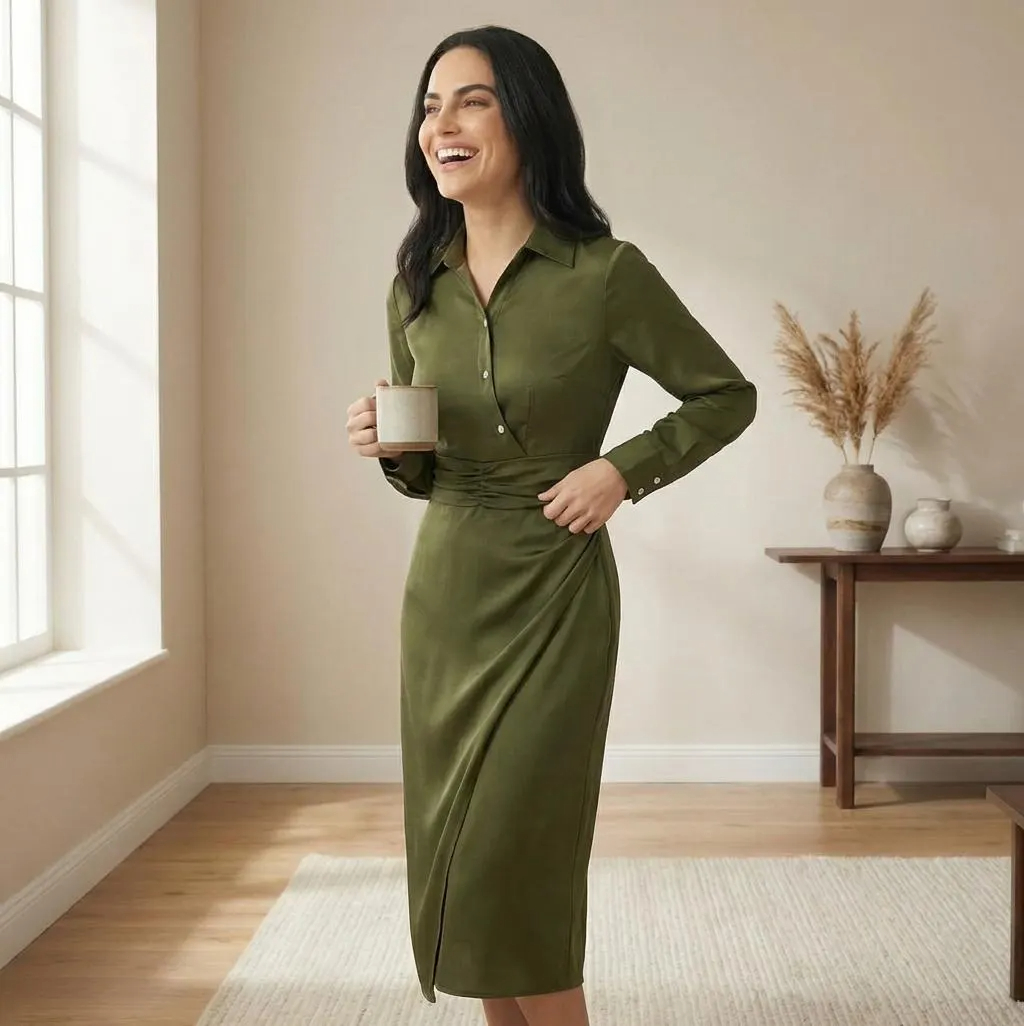 Olive Green Ruched Waist Midi Shirt Dress