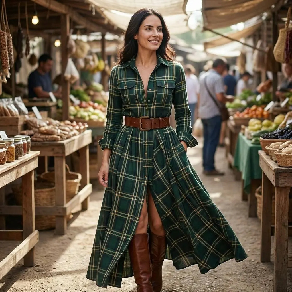 Forest Green Plaid Belted Maxi Shirt Dress with Front Slit