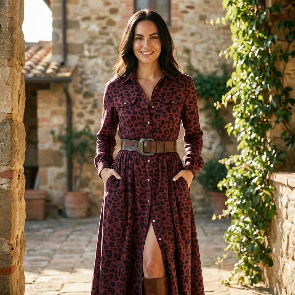 Burgundy Leopard Print Belted Maxi Shirt Dress with Front Slit